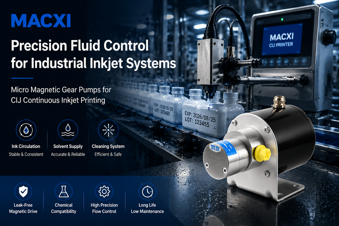 MACXI micro magnetic gear pump solution for industrial CIJ inkjet printing systems with ink circulation, solvent supply and cleaning applications